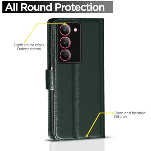 Image of Pikkme Flip Cover Leather Finish | Inside TPU with Card Pockets | Wallet Stand and Shock Proof | Complete Protection Button Flip Case for Realme Narzo 80x 5G / Realme P3x 5G / Realme 14X 5G (Green)