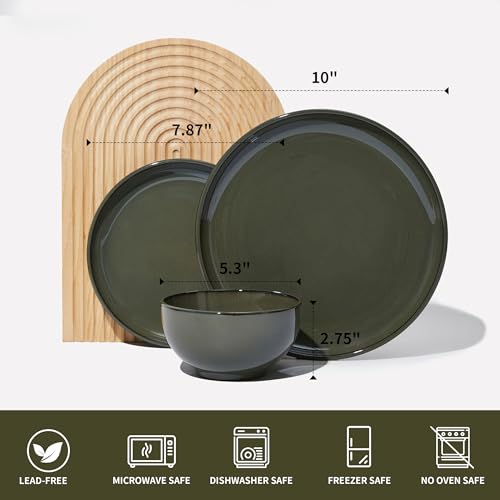 Image of Pokini 24 Piece Dinnerware Set for 8, Santorini Mist Terracotta Plates and Bowls Sets, Complete Stoneware Dish Set for Large Families and Entertaining, Microwave & Dishwasher Safe, Blackish Green