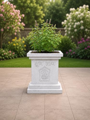 Image of Niyara Religious Tulsi Pot with Shubh Labh Pattern | FRP Indoor & Outdoor | White 10 Inch