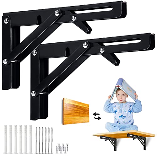 Hesclot Folding Shelf Brackets Heavy Duty Stainless Steel Triangle Folding Shelf Wall Mounted Adjustable Shelf Brackets for Table Work Bench Rustic Wood Wall Shelves Set of 2,Black (10inch)
