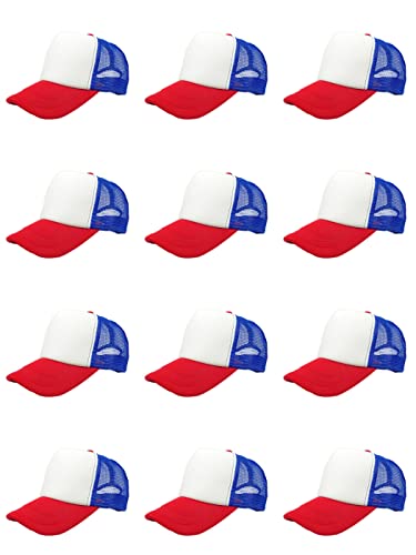 OAKFARM 12 Pack Sublimation Hats for Men Blank Trucker Hats Bulk Snapback Mesh Women Baseball Caps DIY Custom Red White Blue