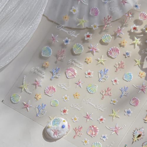 Image of Starfish Nails Stickers Ocean Nail Art Decals Marine Organism with Design Summer Beach Nail Art Stickers for Women Girls Kid 5D Embossed Self Adhesive Manicure Supply Decoration