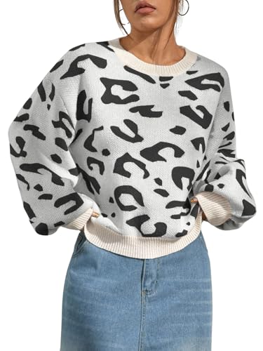 Image of SHENHE Women's Vintage Leopard Print Crew Neck Drop Shoulder Loose Knit Pullover Sweater