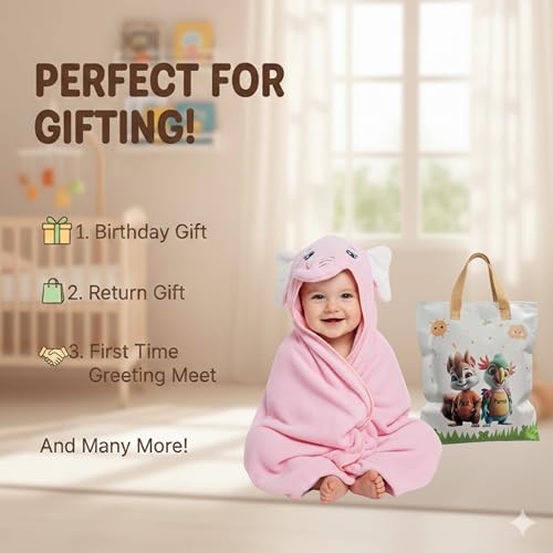 Image of Ultra-Soft Baby Hooded Towel - Coral Velvet Wrap Your Little One in Softness and Joy, Hypoallergenic & Super Absorbent Bath Wrap for Newborns & Toddlers | Cute Animal Design (0-5 Years)(Pink Elephant)