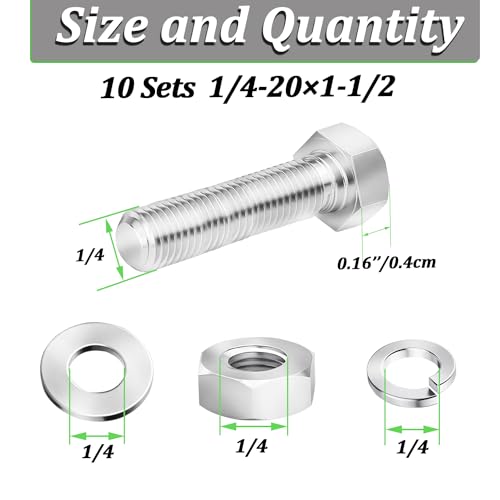 Image of 10 Sets 1 /4-20 x 1-1 /2 inch Stainless Steel Hex Head Screws Bolts, Flat, Nuts & Lock Washers,Hex Bolts 18-8(304) Full Thread