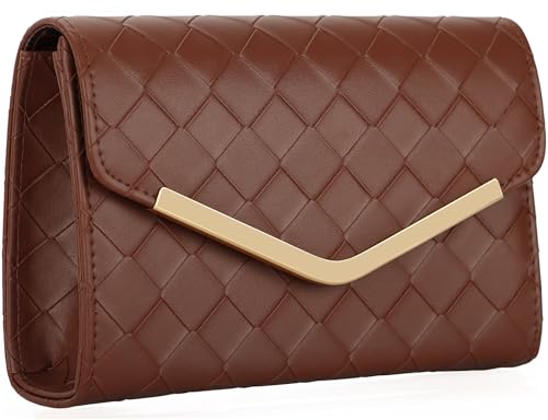 Image of Womens Woven Evening Bag Faux Leather Crossbody Clutch Purse Envelope Handbag for Wedding Prom Party Brown