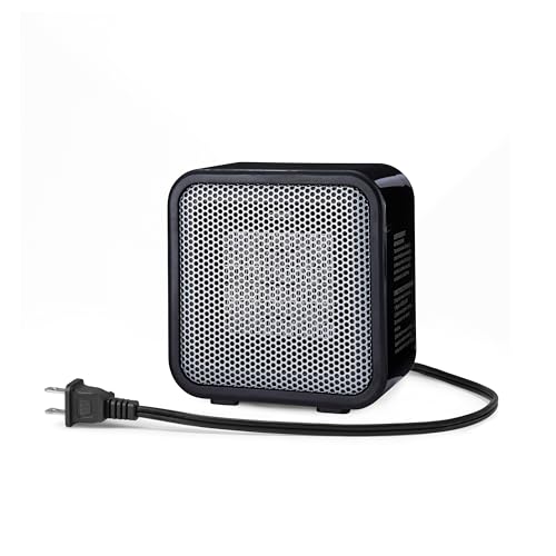 Amazon Basics Ceramic Space Heater, Mini Heater for Office Desk, Portable Tent Heater (Indoor Use), 500 W, With Tip-Over Protection, Lightweight (1.4 LBS), Black, 5.87”D x 3.15”W x 5.95”H