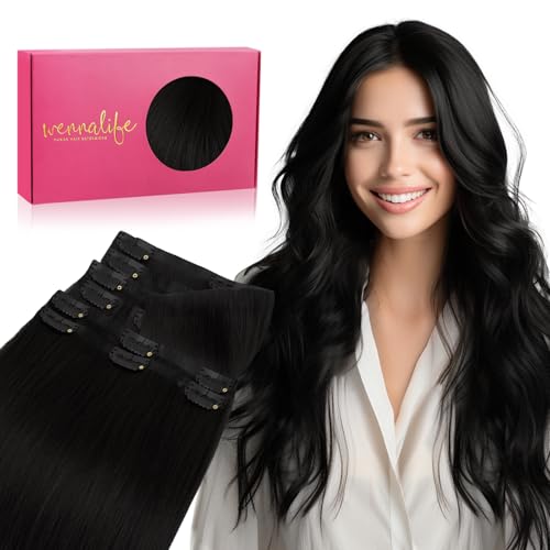 Image of WENNALIFE Invisi Edge Clip in Hair Extensions Real Human Hair, 16 Inch 130g 7pcs Jet Black Seamless Clip in Extensions Remy Hair Clip Ins Invisible PU Skin Weft Straight Extensiones De Cabello Hmano