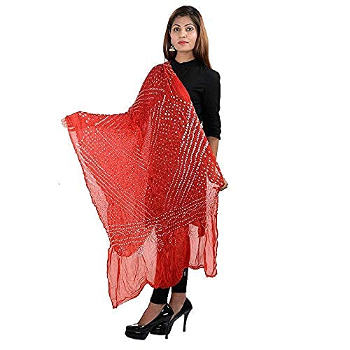 Image of PK HUB Women's Jaipuri Rajasthani Bandhani Dupatta | Art Silk Bandhej Dupatta with Gota Patti Work & Tassels (Free size)