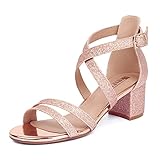 IDIFU Women's Block Low Chunky Heel Strappy Sandals Open Toe Ankle Strap Dress Wedding Evening Shoe for Women Bridal (Rose Gold Shiny, 8.5 M US)