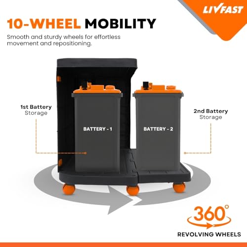 Image of Livfast Convertible Inverter Battery Trolley for Single Battery with Protective Cover | Ideal for Home Inverter & Battery with 150 kg Load Capacity, Support Upto 2 Batteries - Black Orange