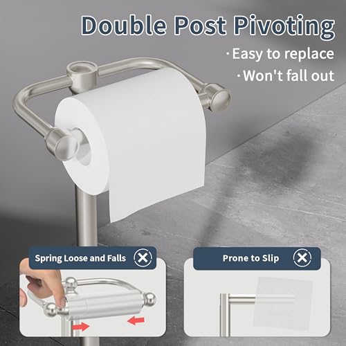 Image of RARXTR Toilet Paper Holder Stand, Post Pivoting Design Free Standing Toilet Paper Holder, SUS304 Stainless Steel Toilet Paper Roll Holder, Heavy Stable Base (Brushed Nickel)