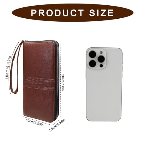 Men’s Wallet, Minimalist Leather Long Wallet, Large Capacity Card Wallet Clutch Purse with Zipper and Wrist Strap (Coffee)2