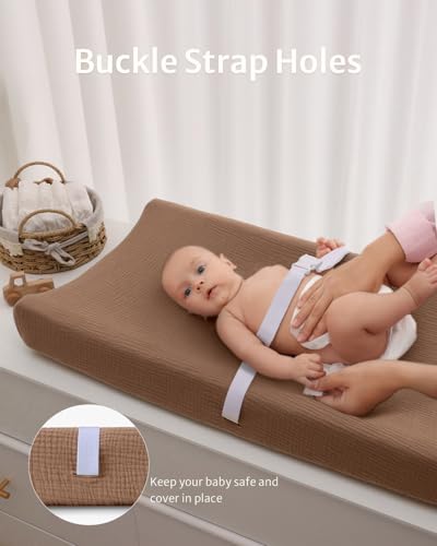 Image of Blissful Diary Muslin Changing Pad Cover for Baby Girls Boys, Ultra Soft Breathable Cotton, Baby Diaper Change Table Pad Covers, 2Pack (Checkered Brown & Brown)