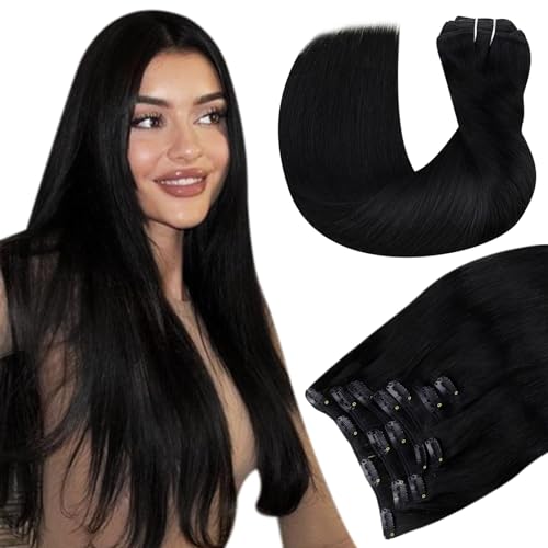 Hetto Clip in Hair Extensions Real Human Hair Black 16 Inch 120g 7Pcs