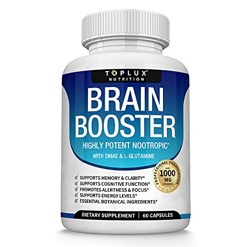 Brain Supplement Nootropic Booster â€“ Brain Pills Vitamin for Focus, Memory, Clarity, Energy & Better Concentration, with DMAE, Bacopa Monnieri, L-Gutamine, For Men Women, 60 Capsules, Toplux Nutrition