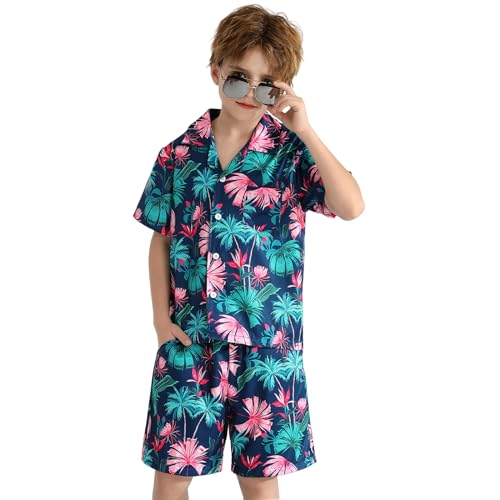 Image of Weixinbuy Boys Summer Outfits Short Sleeve Hawaiian Shirt and Shorts Vacation Set for Kids Summer Clothes Set