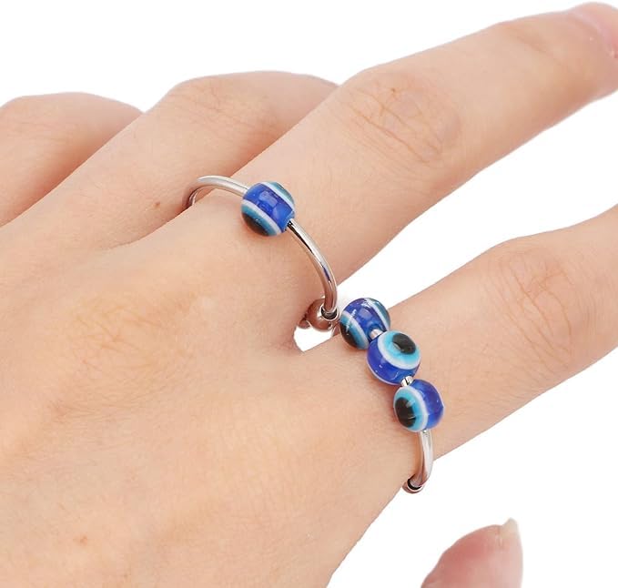 Image of El Regalo 2PCs Eye Catching Fidget Meditation Adjustable Finger Rings for Girls & Women- Retro Blue Evil Eyes Opening Adjustable Rotating Beads Rings