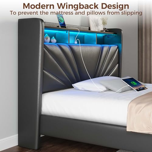 Image of Rolanstar Twin Size Bed Frame, Storage Headboard with Charging Station and LED Lights, Upholstered Bed with Heavy Duty Wood Slats, No Box Spring Needed, Noise Free, Easy Assembly, Black