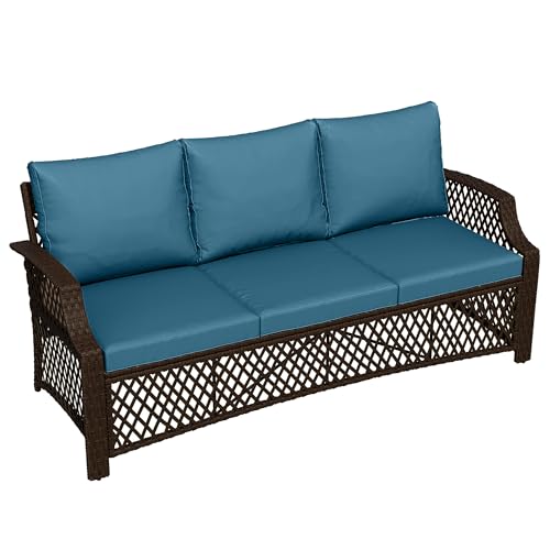 Image of HOMREST Wicker Patio Furniture 3-seat Sofa，Outdoor Seating Couch with Cushions, All-Weather Patio Couch for Porch, Poolside, Garden, Deck(Turquoise)