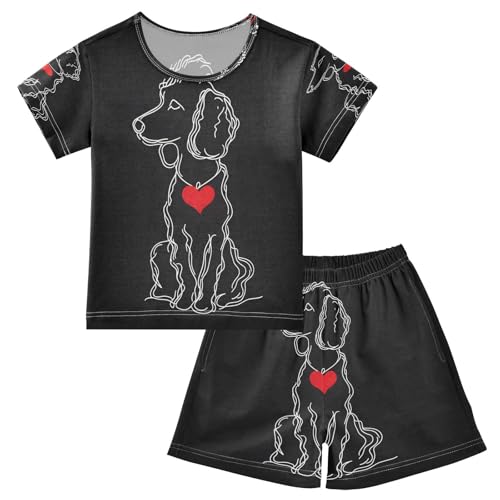 ALAZA Hipster Dog Black Love Heart Pajamas Set Short Sleeve Cotton Sleepwear Summer Pjs 2 Piece 5-14Y