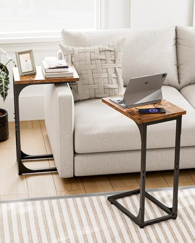 Image of C-Shaped Side Table for Couch - Small Coffee Stand Sofa Tray Desk with Metal Frame and Waterproof Scratch Resistant, Modern End Accent for Living Room, Bedroom, Set of 2, Rustic Brown