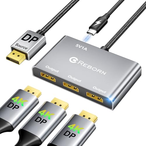 Reborn DisplayPort Splitter for 3 Monitors Adapter 4K@60Hz DP Splitter Extended Display 1 in 3 Out MST Hub for Multiple Monitor Compatible with PC,NVIDIA/AMD Graphic Card