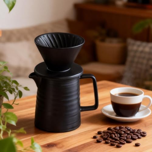 Image of BeeCa Ceramic Pour Over Coffee Maker Set, 17oz 1-2 Cup V60 Dripper, Includes Paper Filters, Retains Optimal Heat for Home Office or Cafe, Black