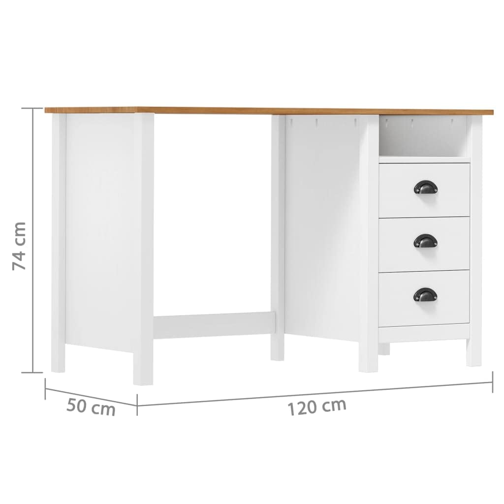Escritorio Hill de madera maciza de pino con 3 cajones, 120 x 50 x 74 cm, estante y asas para vasos, ideal para oficina, oficina, habitación infantil y trabajo ergonómico