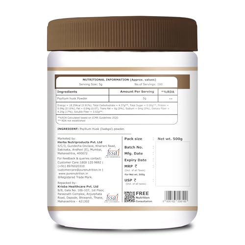 Image of Pure Nutrition Psyllium Husk Isabgol Powder, 500g | Natural Dietary Fiber Supplement | Supports Digestive & Gut Health | Helps Ease Irregularity & Bloating | Gluten Free, No Sugar Added