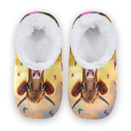 ALAZA Cow Butterfly Flower House Fleece Slippers Comfy Bedroom Shoes Anti-Slip for Women US 7-8