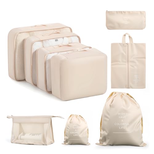 9-Piece Travel Packing Cubes Set for Storage Luggage Baytion Lightweight Suitcase Organizer Bags with Toiletry & Laundry Pouch Foldable Storage Bags for Travel Holiday & Business Beige