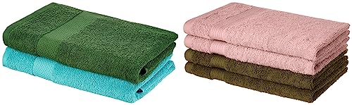 Image of Amazon Brand - Solimo 100% Cotton 2 Piece Bath Towel Set, 380 GSM (Baltic Blue, Mint Green) 100% Cotton 4 Piece Hand Towel Set, 500 GSM (Sepia Brown and Baby Pink)