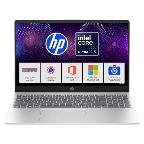 Image of HP 15, Intel Core Ultra 5 125H Laptop (16GB DDR5,512GB SSD) IPS, Anti-Glare, Micro-Edge, 15.6'' /39.6cm, FHD, Win11,M365 Basic(1yr),Office Home24,Silver,1.65kg, FHD Camera w /Shutter, FPR, hr1000TU