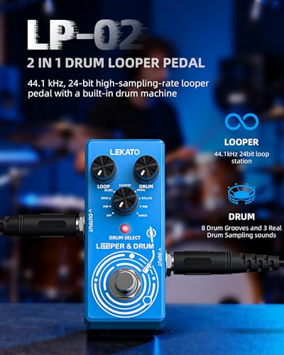Image of LEKATO Looper Guitar Pedal Drum Machine, 2 in 1 Drum Looper Pedal, 6 Min Loop Time, 8 Drum Grooves, Real Drum Samples with Tap Tempo, Unlimited Overdubs Undo /Redo, Support Import /Export