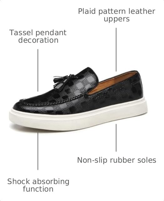 Image of Zeberfi Men's Plaid Pattern Leather Slip On Tassel Loafers Fashion Round Toe Low Top Non-Slip Luxury Business Casual Shoes