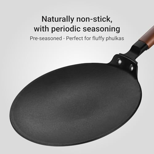 Image of Stahl Blacksmith Signature 26 cm Cast Iron Roti Tawa | for Fluffier Rotis, Crispier Parathas & Golden Chillas | Induction & Gas Stove Compatible | Acacia Wood Handle