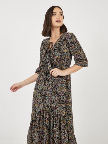 Image of Styli Women Printed Ruffle Neck Puff | Sleeves A-Line Maxi Dress | Stylish One Piece Dress for Party, Casual & Evening Outfits