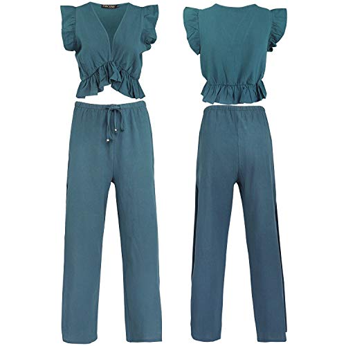FANCYINN Womens Teal Bule Two Pieces Outfits Deep V Neck Crop Top Side Slit Drawstring Wide Leg Pants Set Jumpsuits M