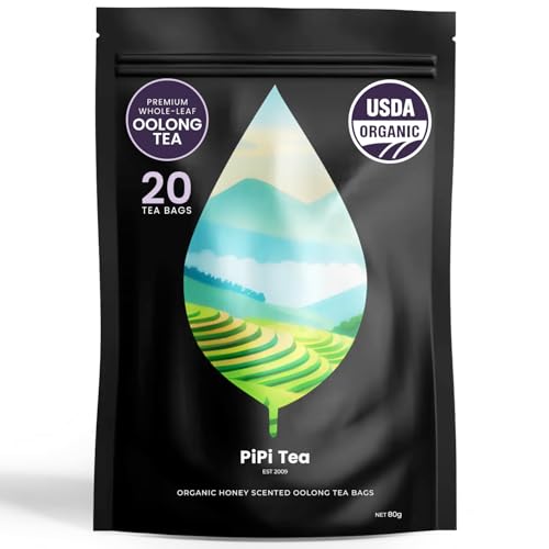 PiPi Tea Organic Oolong Tea Bags – Whole Leaf, 20 Bags (4g Each) – Cortisol & Calming Tea for Anxiety, Stress, Weight Loss – Bulk Loose Leaf Oolong Tea