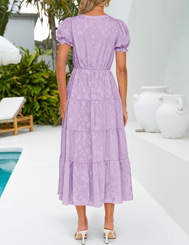 ZESICA Womens 2025 Summer Puff Short Sleeve Midi Dress Floral V Neck Textured Ruffle Flowy Beach Party Dresses4