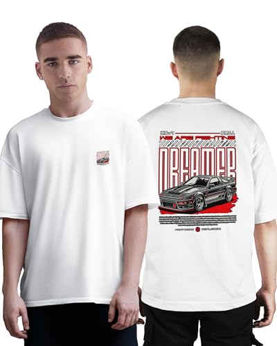Image of Buy That Trendz Mens Oversized Tshirt Black & White Car Printed Crew Neck Cotton Drop Shoulder Half Sleeve Stylish Tshirt