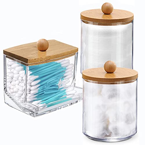 WISIEW Qtip Holder Dispenser for Cotton Ball, Cotton Swab, Floss, Cotton Round Pads - Clear Plastic Apothecary Jar with Bamboo Lids for Bathroom Canister Storage Organization, Vanity Makeup Organizer