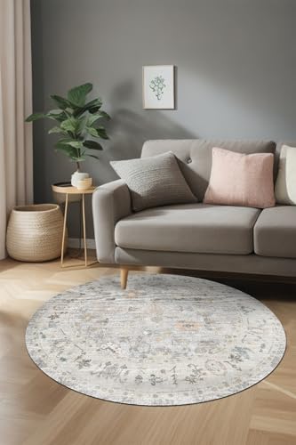 Renal Vintage Desenli Şönil Pamuk Tabanlı Yıkanabilir Kaymaz Antibakteriyel Yuvarlak Salon Halısı 160x160