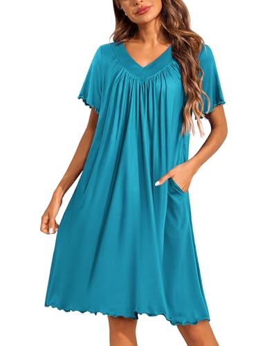 Image of Ekouaer Nightgowns for Women Short Sleeve House Dress with Pockets Pleated Soft Moomoo V Neck Sleepwear