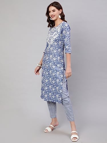 Image of Mizaz Women Embroidered Printed Cotton Round Neck 3 /4 Sleeves Straight Kurta Pant And Dupatta Set (MZ1023BLUE P)