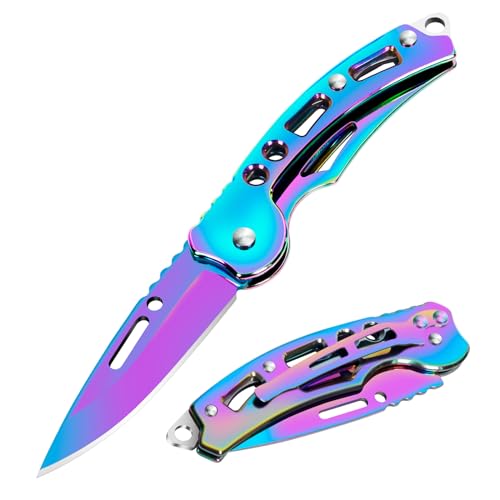 YiMai Navaja Plegable, 2 Piezas Pequeño Navaja de Bolsillo EDC con Llavero para Acampar, Pesca, Picnic, Cortar fruta (Color degradad)