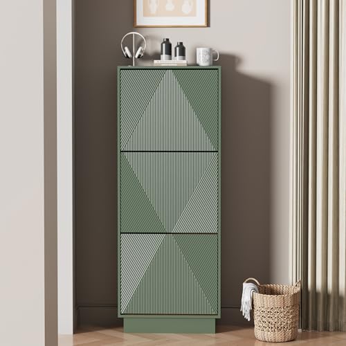 UEV Meuble à Chaussures Ultra-Mince à 3 Abattants - Armoire à Chaussures Design Rétro Vert avec Motifs Linéaires - Rangement Gain de Place pour Entrée et...