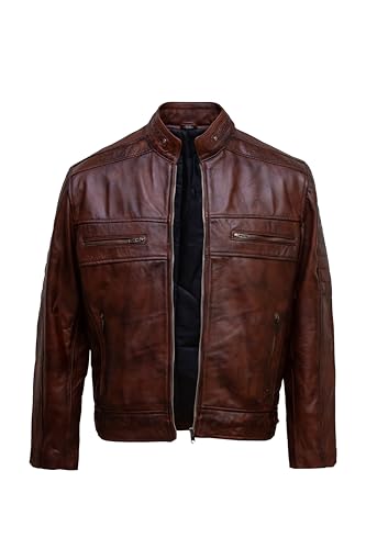 Image of ATIKI Men's Genuine Brown leather jacket | Classic Slim Fit Leather Jacket for Men with Stand-Up Collar & Zipper Pockets