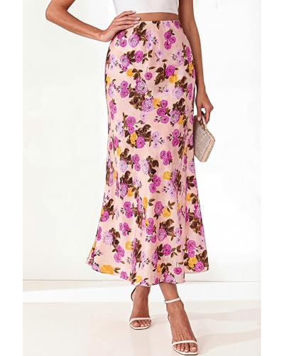 Image of BTFBM Satin Skirts for Women Trendy 2026 Summer Fall | High Waisted A-Line Leopard Print,Floral Print, Business Casual,Cocktail,Wedding Guest,Long Silk Midi Skirt